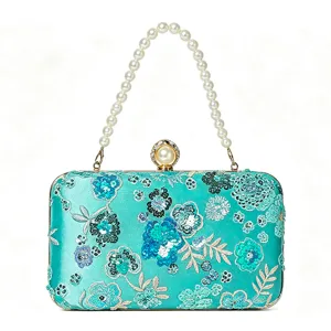 Türkis Pailletten Abendtasche Clutch mit Perlen Griff für Damen Hochzeit Party Tasche