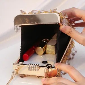 Vintage beaded crystal evening bag gold vertical square clutch purse for women party dress.