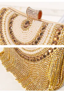 Rhinestone pearl evening bag detail, gold clutch purse, elegant wedding party handbag crystal.
