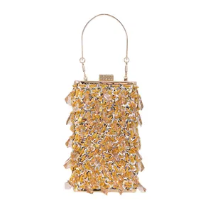Stunning vertical beaded evening clutch bag with metallic handle and sparkling crystal fringes.