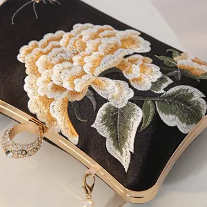 Elegant black satin evening clutch bag with exquisite floral embroidery and sparkling ring clasp.