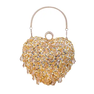 Heart shaped sequin beaded evening bag luxury crystal clutch purse with metal handle for women