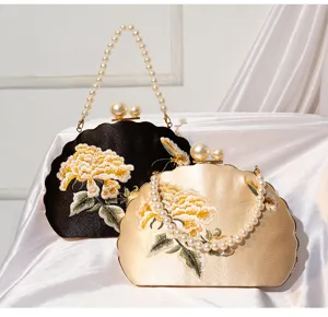 Chinesische Vintage bestickte Abendtasche mit Perlenhenkel, elegante modische Damenhandtasche.