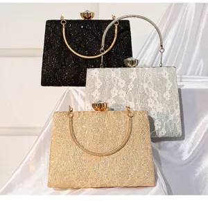 Elegant evening clutch bag with sequins, lace pattern and metal handle for women parties.