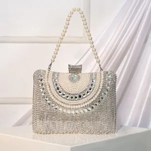 Luxury Rhinestone Tassel Evening Bag Women Metallic Chain Shoulder Clutch Purse Artificial Pearl Party Handbag