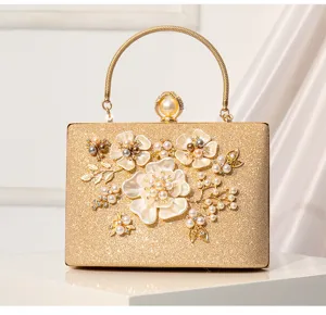 Exquisite pearl floral evening clutch bag, elegant gold sequin handbag for party dress.