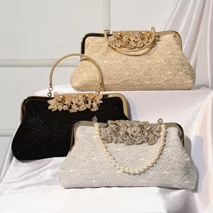 Elegant retro lace evening clutch bag for women, luxury party dress handbag with metallic frame.