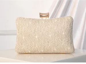Elegant lace sequin evening clutch bag detail view, shimmering texture for banquets and parties.