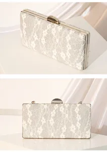 Elegant silver lace evening clutch bag with metallic frame and sequin details for formal events.