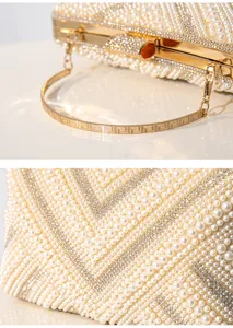 Handmade pearl rhinestone evening clutch bag elegant wedding bridal wrist bag shiny gold