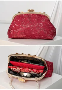 Elegant red Chinese style clutch bag for women, featuring gold clasp and pearl chain.