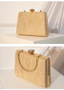 Exquisite gold sequin lace evening clutch bag with gemstone clasp and chain strap detail.