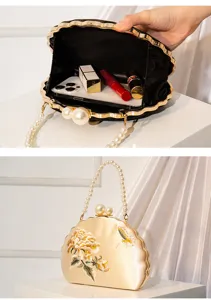Chinesische bestickte Muschel Abendtasche mit Perlengriff und edlem Blumenmuster.