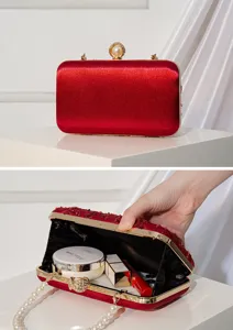 Elegant red beaded evening clutch bag with pearl clasp and chain strap for women weddings.