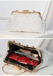Elegant white lace evening clutch bag with gold metal frame and chain for women wedding.