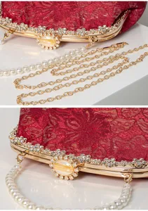 Red lace evening clutch bag with pearl handle and gold chain for women wedding party.
