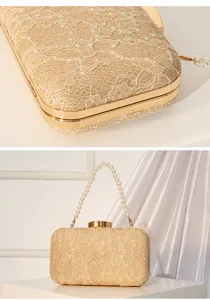 Sac de soirée doré en dentelle et paillettes avec poignée perle et fermoir élégant.