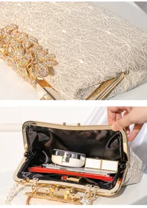 Detailed view of the vintage lace evening clutch bag with elegant gold crystal floral clasp.
