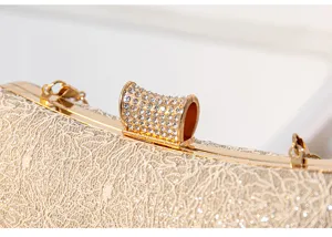 Champagne gold lace sequin evening bag detail view, luxury rhinestone clasp texture close up