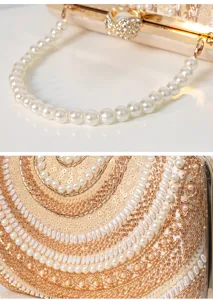 Gros plan détaillé d'un sac de soirée perlé avec poignée en perles et broderie de sequins.