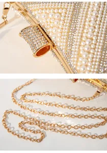 Detailed view of handmade beaded evening clutch bag with pearl and rhinestone surface.