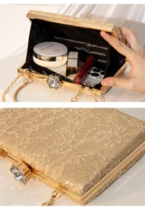 Gold sequin lace evening clutch bag with rhinestone floral clasp and chain strap detail.