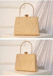 Elegant gold sequin evening clutch bag with metal round handle for women wedding party.
