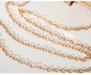 Close-up detail of elegant evening bag gold chain and rhinestone lace accent, luxury style.