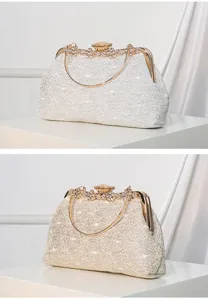 Elegant white lace evening clutch bag with rhinestone gold frame for wedding bridal party.