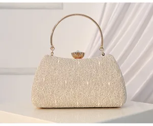 Elegant lace evening clutch bag with metal round handle and crystal clasp for parties.