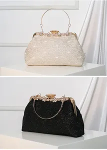Elegant rhinestone crystal evening clutch bag detail, metallic clasp handle for women parties.