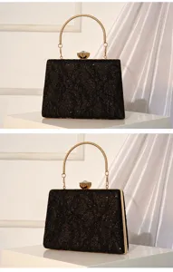 Detailed view of the black sequin evening clutch featuring gold handle and crystal clasp.