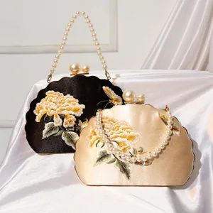 Chinesisch Retro Bestickte Abendtasche Damen Satin Muschel Handtasche Perlen Griff Bankett Clutch Geldbörse