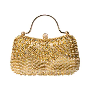 Gold rhinestone evening clutch bag with metal handle and fringe tassel for parties