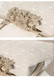 Elegant silver lace evening bag detail, sparkling rhinestone clasp, vintage clutch purse.