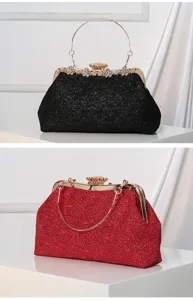 Detail shot of elegant crystal-embellished evening clutch bag with metal handle and glitter texture.