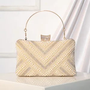 Handmade Beaded Artificial Pearl Rhinestone Evening Bag Elegant Metallic Ring Handle Clutch Bag For Women Banquet Party Purse