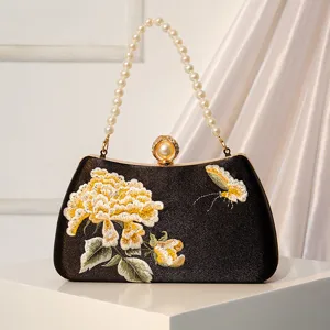 Elegant New Chinese embroidered evening clutch bag with pearl handle and vintage floral design