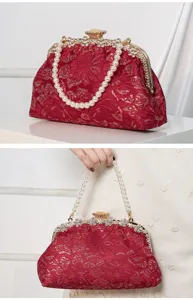 Red lace evening bag with pearl handle, elegant Chinese style wedding clutch purse for women.