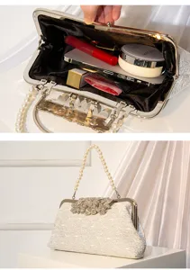 Detailed view of vintage lace evening bag interior capacity and pearl handle craftsmanship.