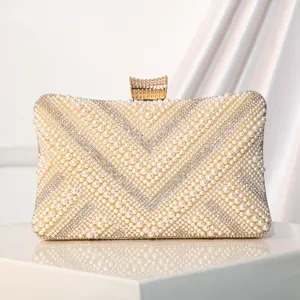 Elegant beaded pearl rhinestone evening clutch bag for women banquets weddings and parties.