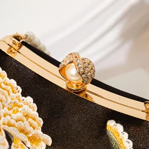 New Chinese style embroidered evening bag, elegant black satin clutch with pearls and gold frame.