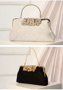 Elegant vintage lace evening bag with rhinestone flower clasp and pearl handle for party.
