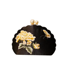 Chinesische bestickte Abendtasche, schwarze Satin-Blumentasche fuer Bankett und Cheongsam.