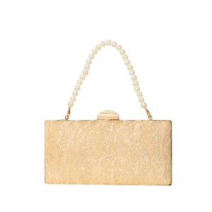 Elegant champagne lace sequin evening clutch bag with pearl handle for women formal party.