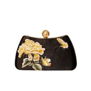 New Chinese style black satin embroidered flower clutch bag elegant evening handbag for women.