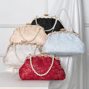 Chinese Style Lace Evening Handbag Wedding Bridal Clutch Pearl Chain Shell Shaped Purse Women Elegant Bag