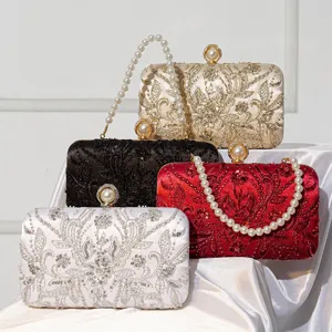 Women's Beaded Evening Bag Vintage Style Wedding Bridal Clutch Purse Pearl Handle Elegant Party Handbag