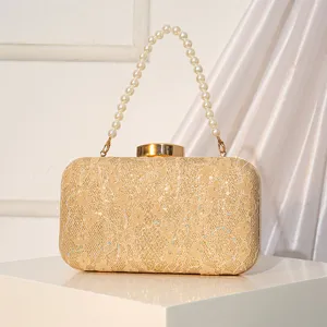 Elégant sac de soirée doré en dentelle et paillettes avec poignée perle pour femme