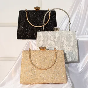 Women Fashion Sequin Lace Evening Bag Elegant Metallic Handle Crystal Lock Clutch Bag Luxury Party Banquet Handbag